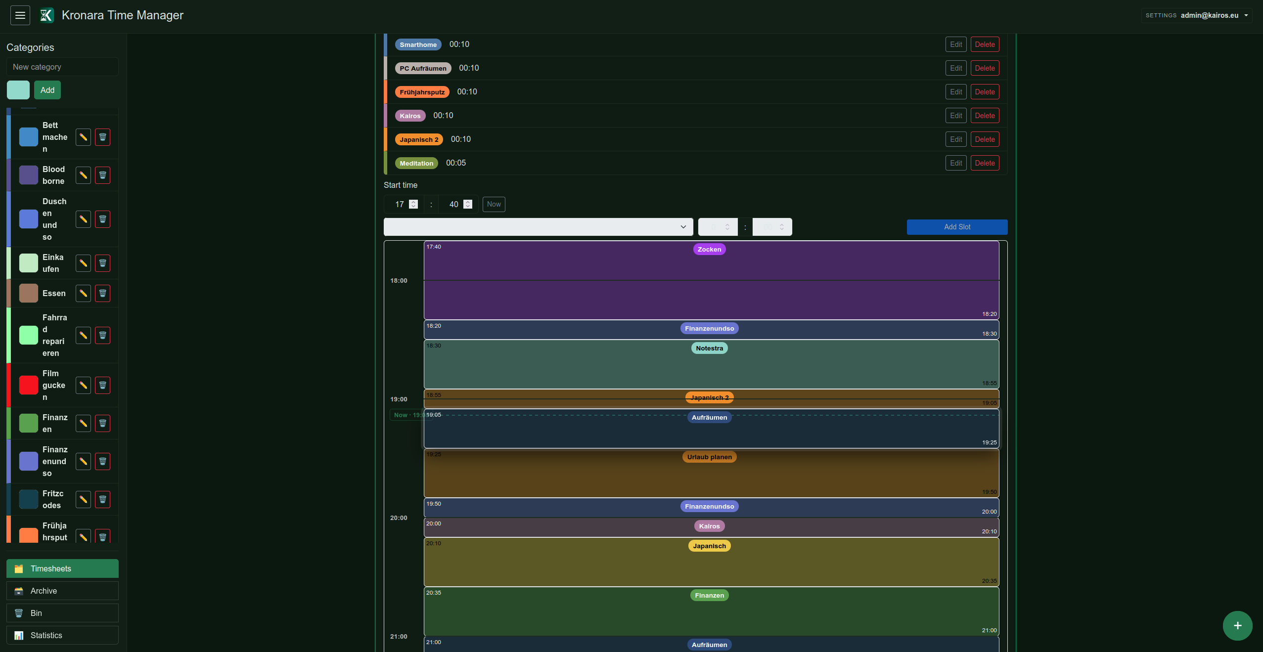 Kronara web app: timesheet planner with categories sidebar and time-block calendar
