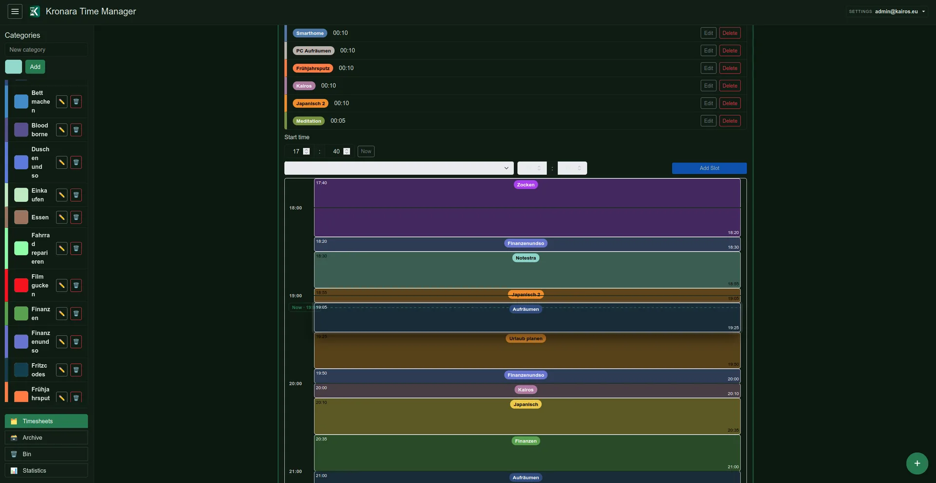 Kronara web app: timesheet planner with categories sidebar and time-block calendar